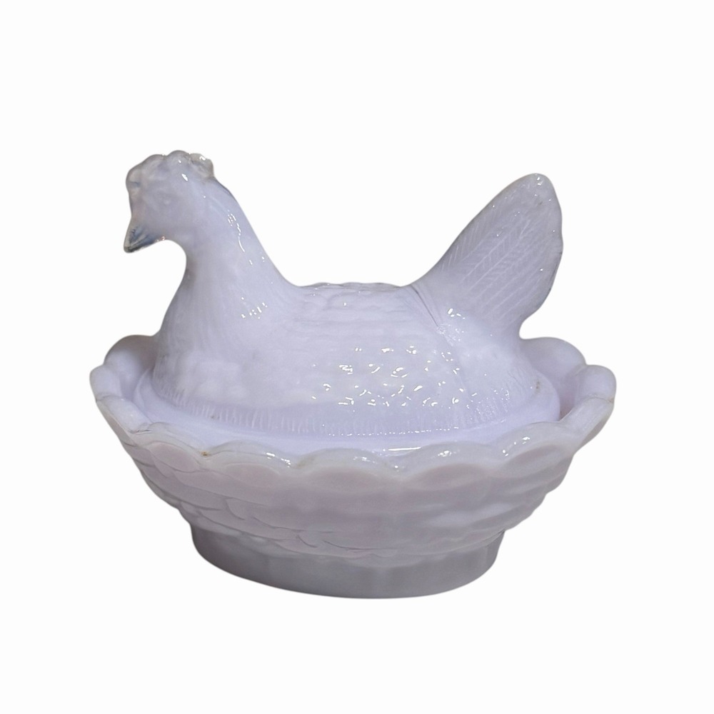Vintage Boyd Glass Mini Hen on Nest Salt Chick White Opalescent Lidded 2.5"